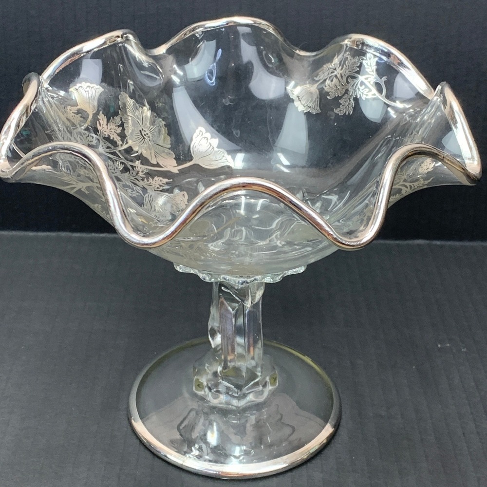 Floral Silver Overlay Glass Compote Ruffled‎ Edge Pedestal Bowl